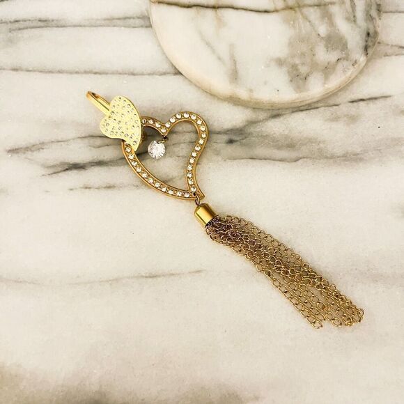Vintage Heart Tassel Pendant Gold Toned Metal Clear Rhinestone Unsigned - Picture 1 of 6